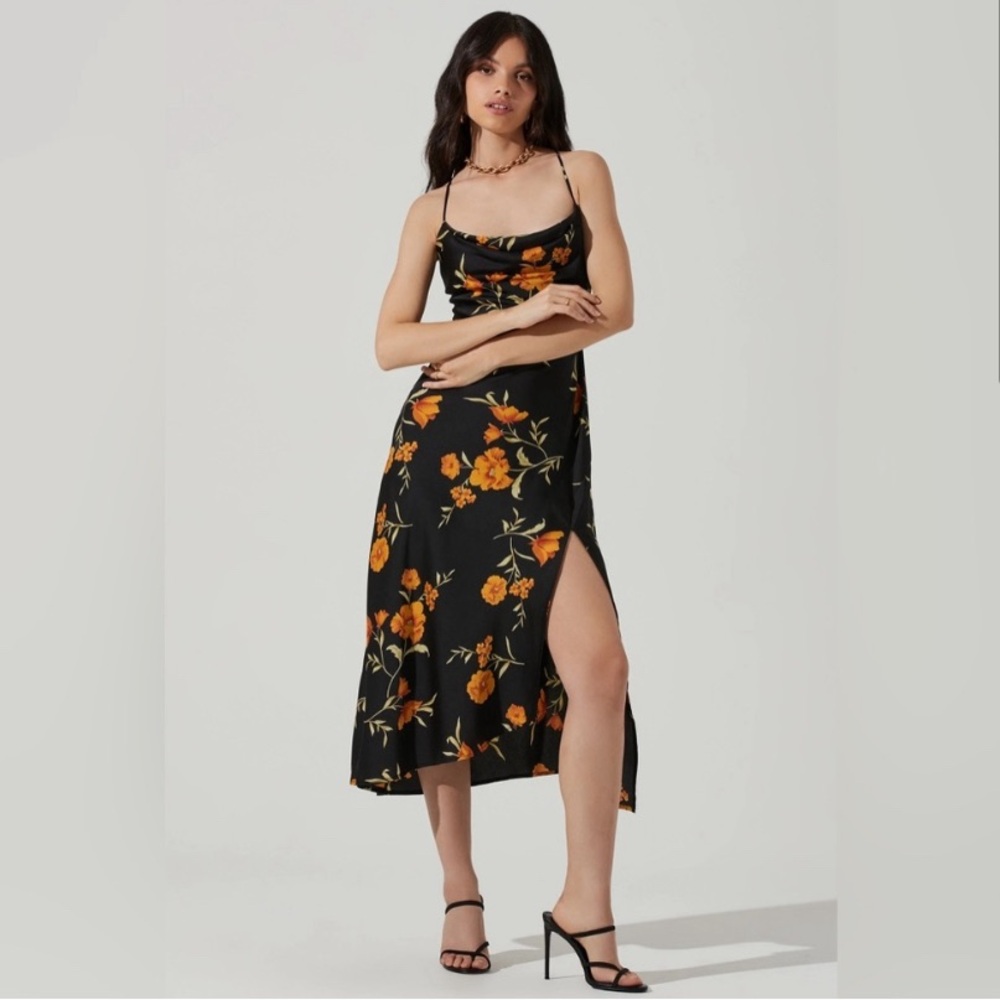 ASTR the Label Gaia Strappy Bias Cut Satin Midi Dress Black/Gold Size XS